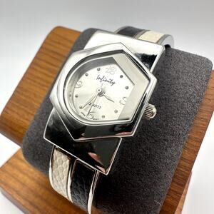 Infinity Quartz Silver Tone Cuff Bangle Watch Black White Inlay